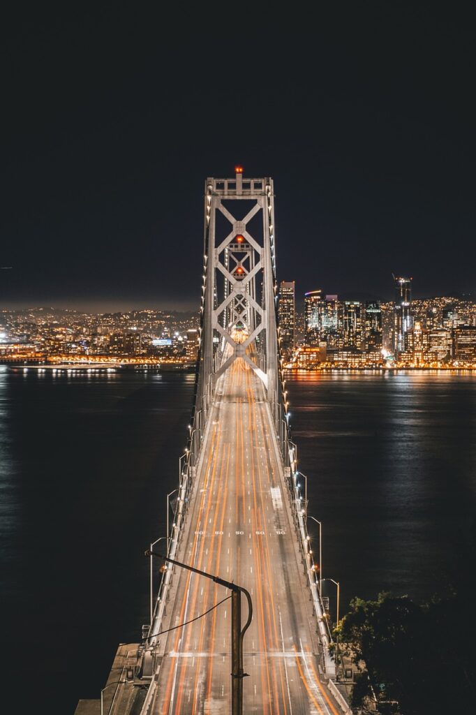 bay bridge, harbor, san francisco, oakland, water, nature, reflections, moon, moonlight, night, evening, landmark, historic, architecture